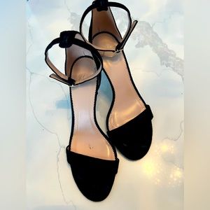 J Crew Black Suede Heels with silver glitter outsole.